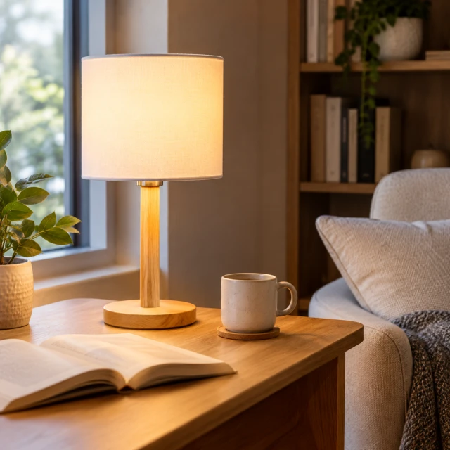 Lit oak lamp stands beside an open book and small mug on a desk near a cushioned chair.