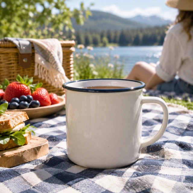 Enamel camping mug on a summer picnic blanket.