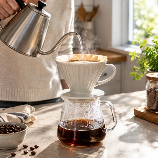 Ceramic pour-over coffee dripper on a sunlit kitchen counter with a little steam.