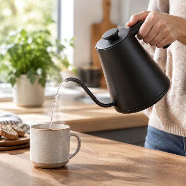 Matte gooseneck electric kettle pouring a slow stream into a mug.