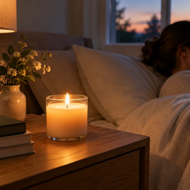 Soy candle glowing on a bedside table at dusk.