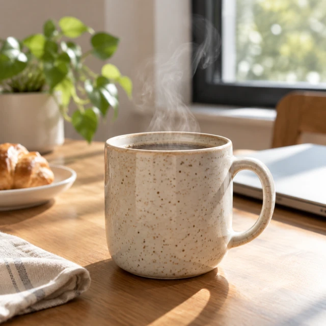Speckled ceramic mug with a curl of steam in morning light.