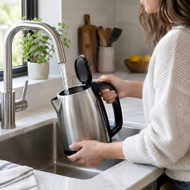 Electric kettle being filled at a kitchen tap.