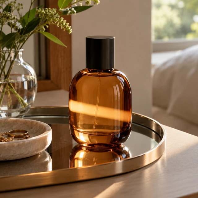 Rounded amber fragrance bottle on a mirrored tray with a soft band of light across the glass.