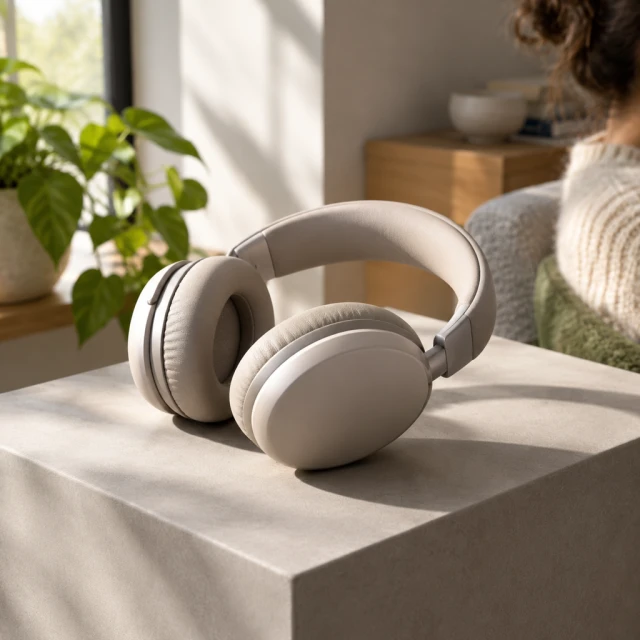 Headphones resting on a matte pedestal in side light.