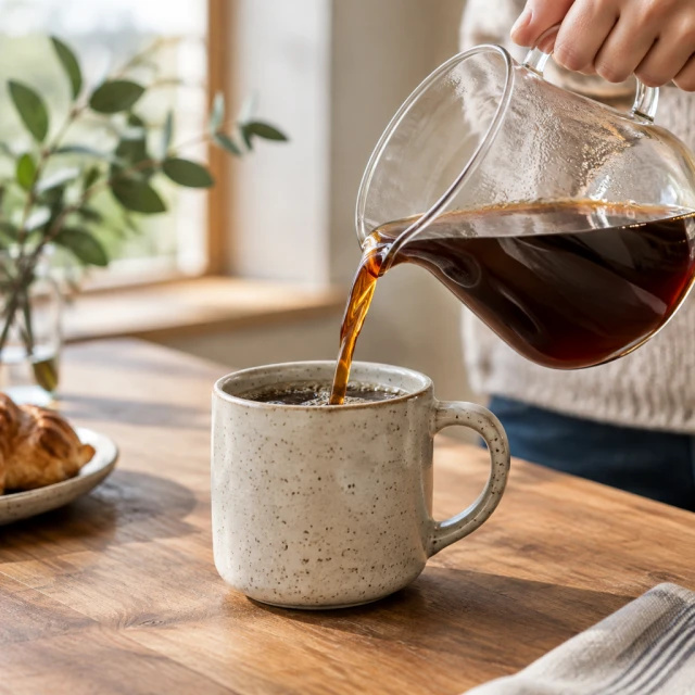 Speckled cup being filled from a carafe.