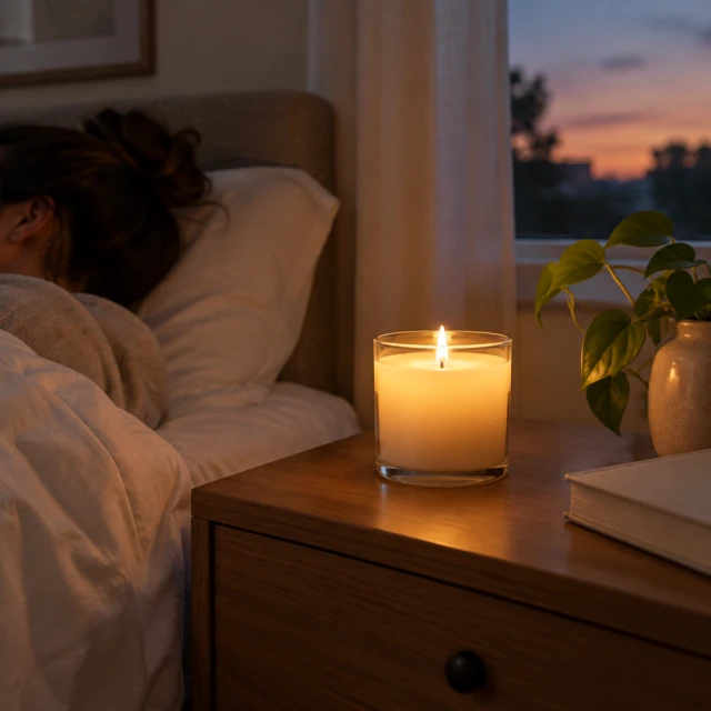 Soy candle glowing on a bedside table at dusk.