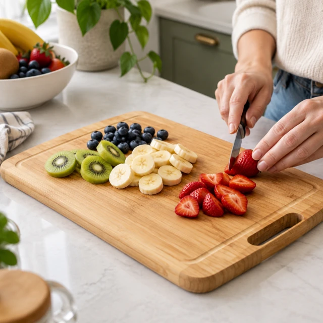 Bamboo cutting board with sliced fruit on a kitchen counter.