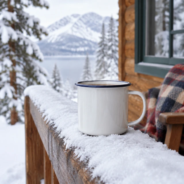 Enamel camping mug on a snowy cabin porch rail.