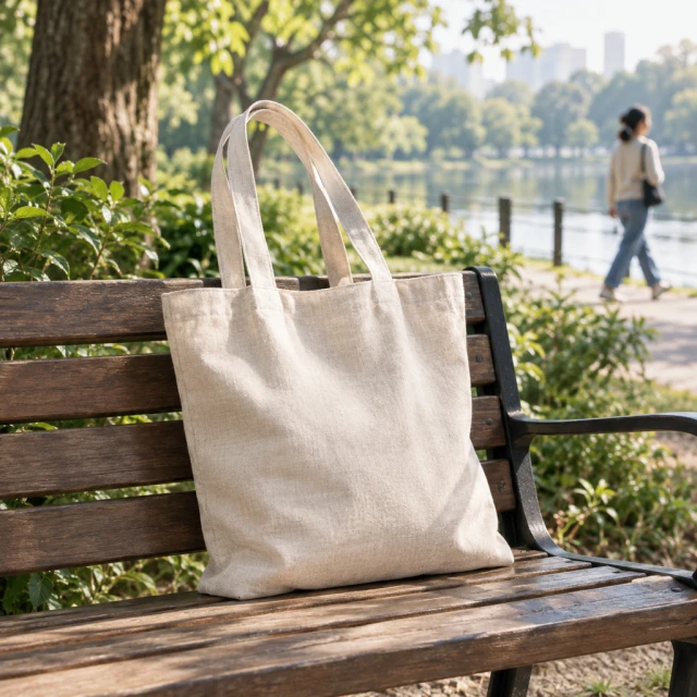 Linen tote bag on a park bench with soft morning light.