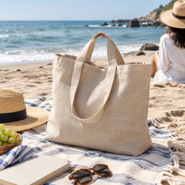 Linen tote bag on a beach picnic blanket.