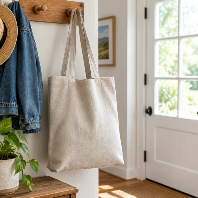 Linen tote bag hanging in a bright home entryway.