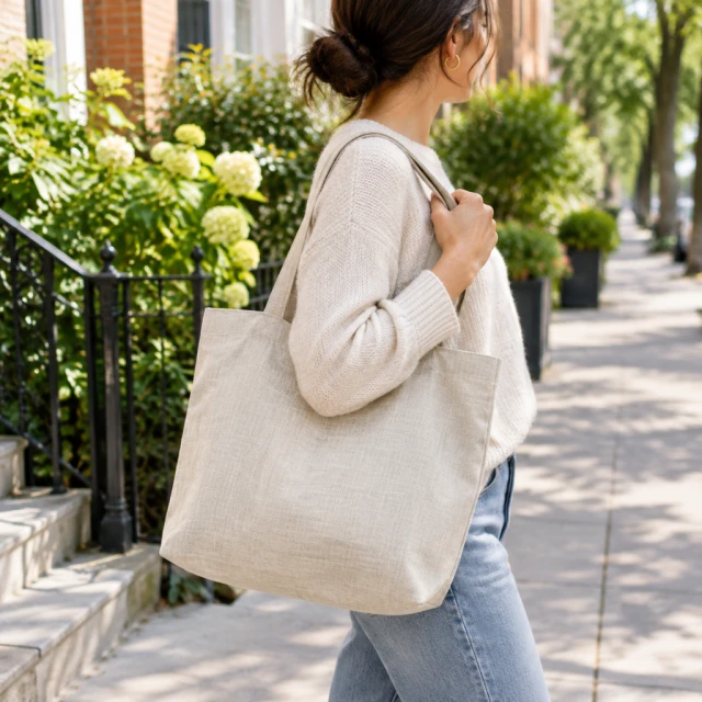 Hand holding a linen tote bag on a neighborhood street.