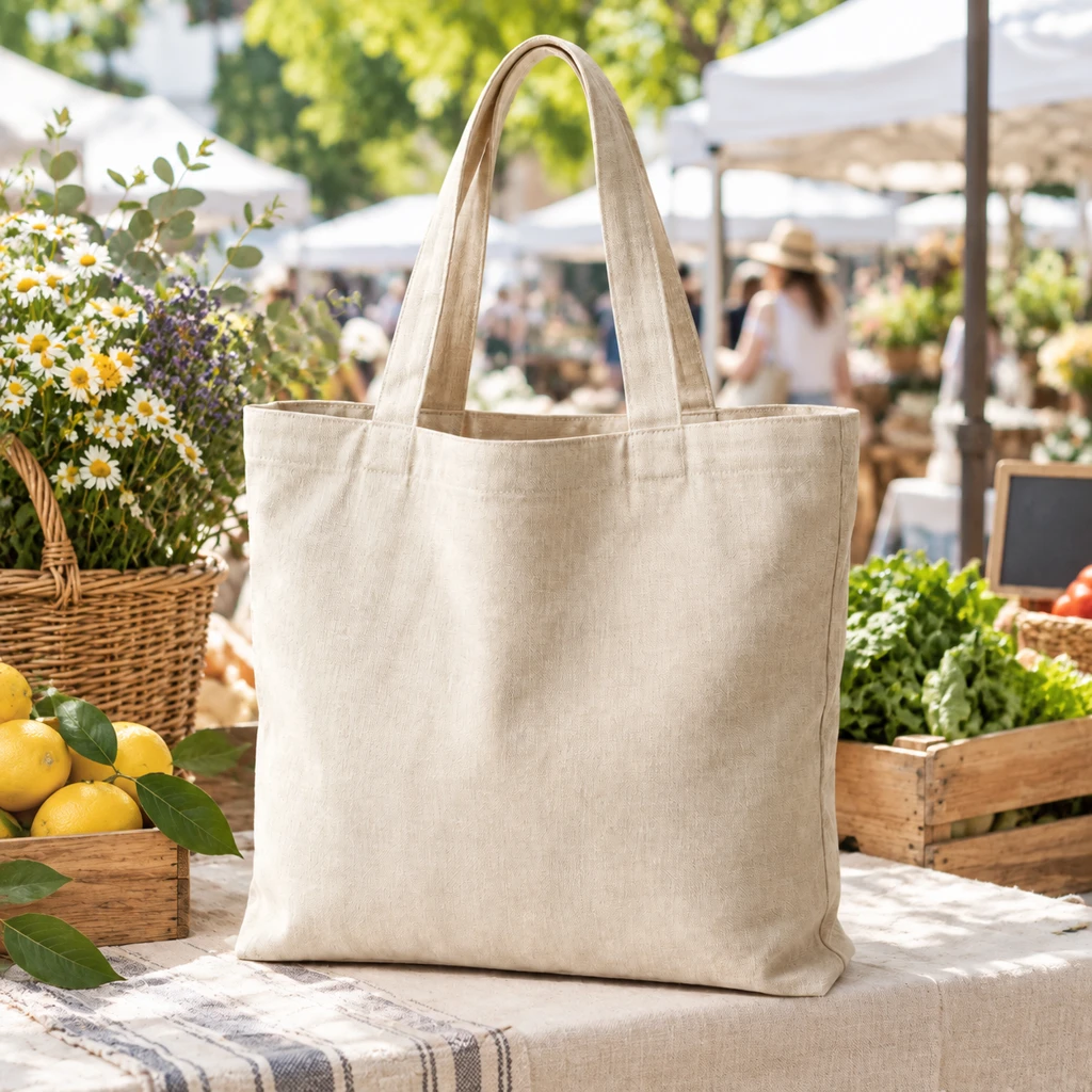 Linen tote bag styled in a bright weekend market scene with the full bag visible.