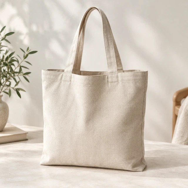 Linen tote bag alone on a pale studio surface, whole bag and handles visible.