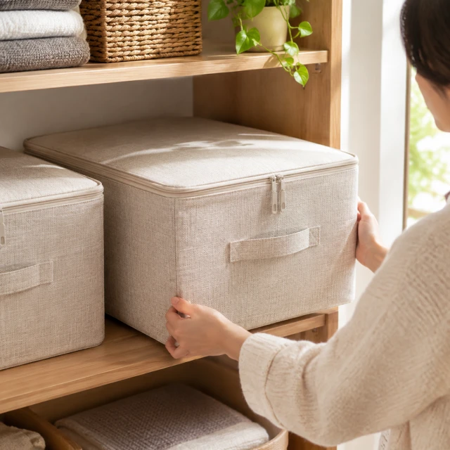 Fabric storage boxes on a tidy shelf.