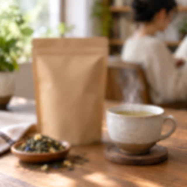 Softly blurred square view of a tea pouch on a counter