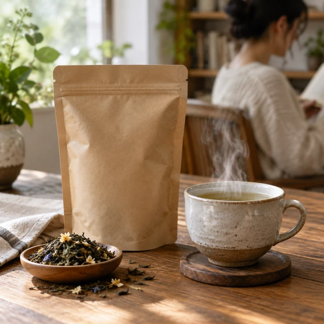 Loose-leaf tea pouch beside a steaming cup.