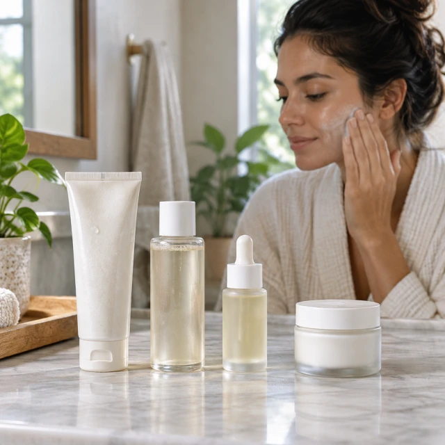Skincare steps laid out left to right from cleanser to cream,.