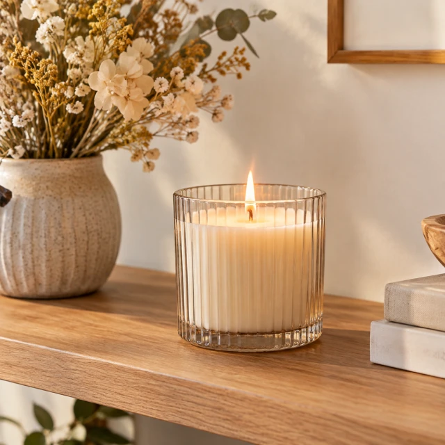 New candle placed on a styled shelf with dried flowers.