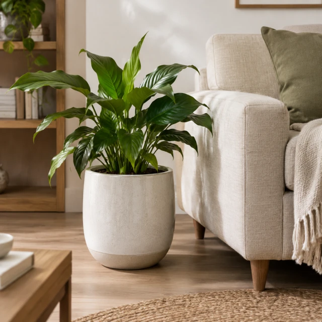 Ceramic planter beside a linen sofa.