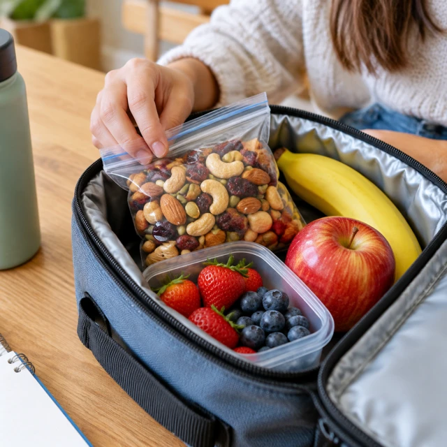 Snack bag packed in a lunch bag with fresh fruit.