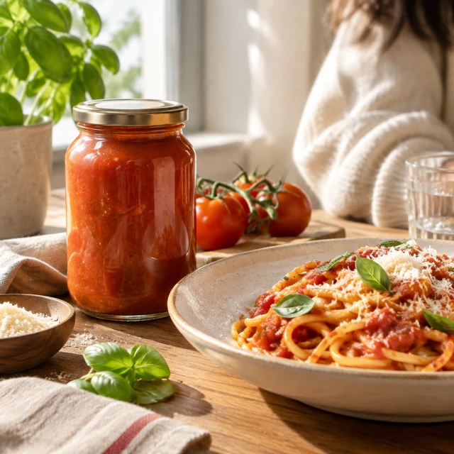 Pasta sauce jar beside a finished plate of pasta.
