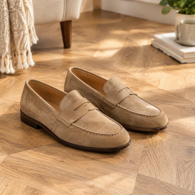 Suede loafers on a herringbone wood floor.