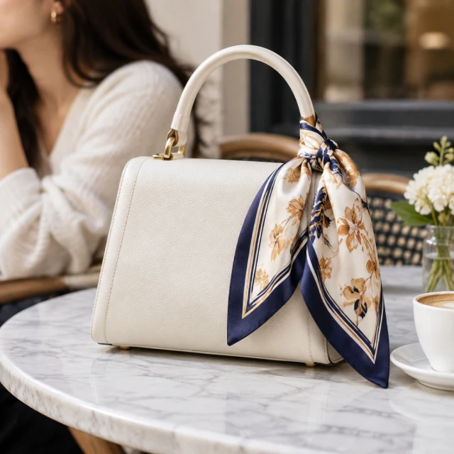 Silk scarf knotted on a handbag handle.