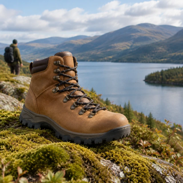 Tan leather hiking boot with dark laces stands on moss above a lake and distant hills.