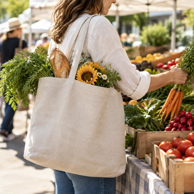 Linen tote packed at a farmers market stall.