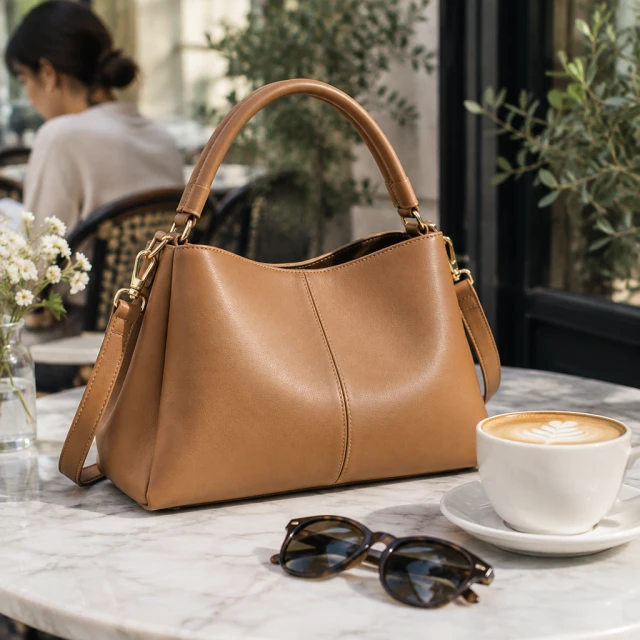 Tan leather handbag on a marble cafe table beside a latte and a pair of sunglasses