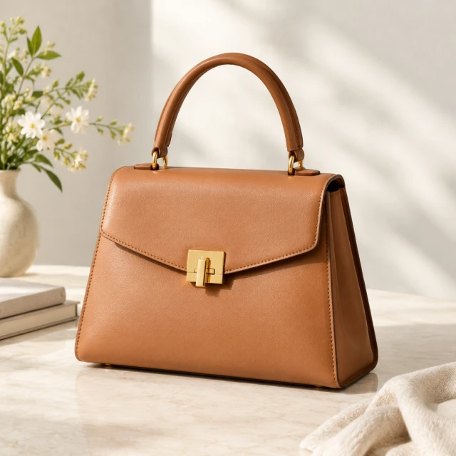 Tan leather top-handle handbag with a gold clasp on a light studio background