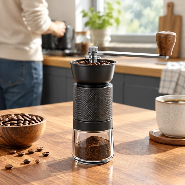 Hand coffee grinder ready on a morning counter.