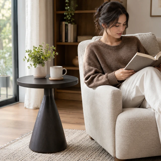 Round side table beside an armchair.