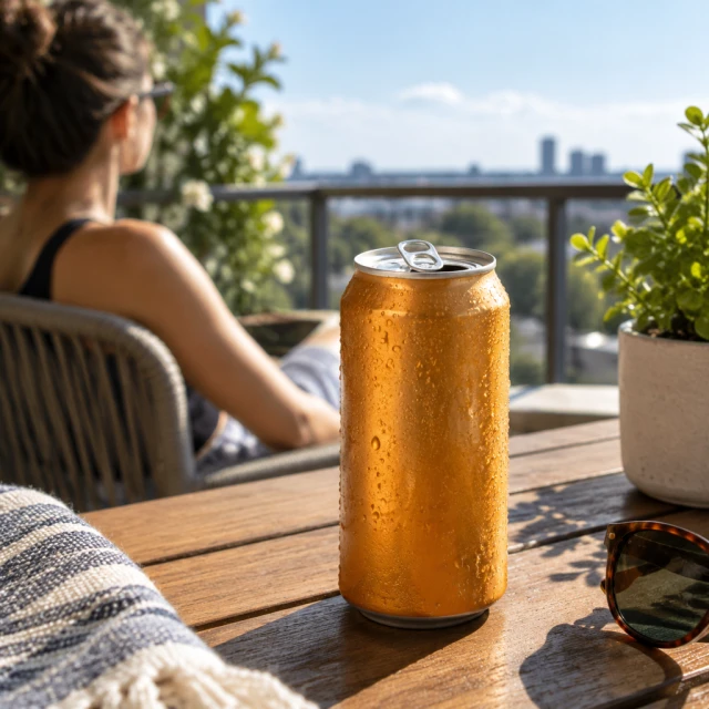 Iced tea can opened on a sunny balcony.