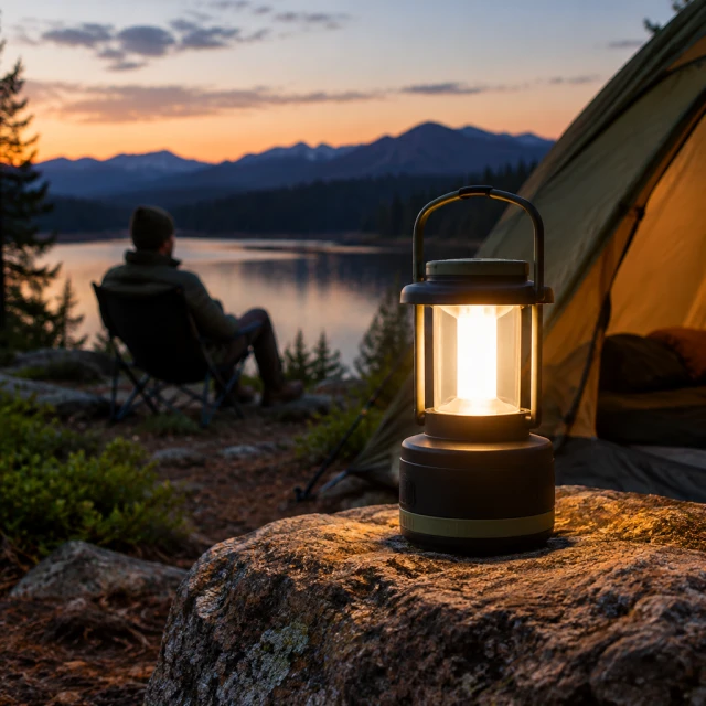 Camping lantern lit beside a tent at dusk.