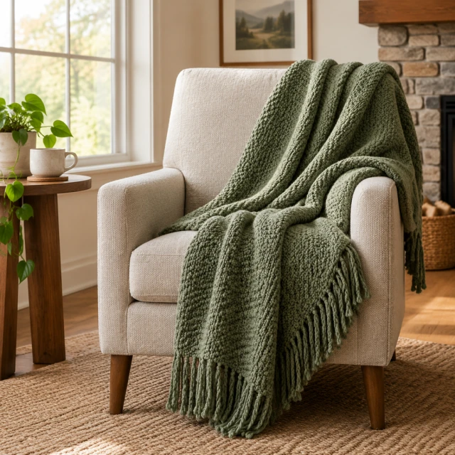 Knit throw blanket draped on an empty armchair.
