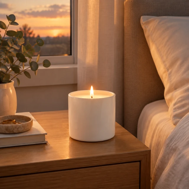White ceramic candle on a bedside table at dusk
