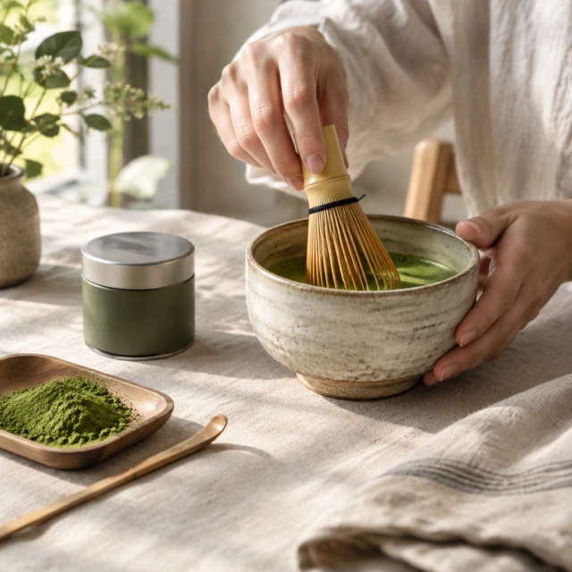 Matcha whisk, bowl and tin arranged on a linen tablecloth.