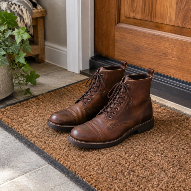 Brown leather boots on a simple entryway mat beside a wooden door, full pair visible.