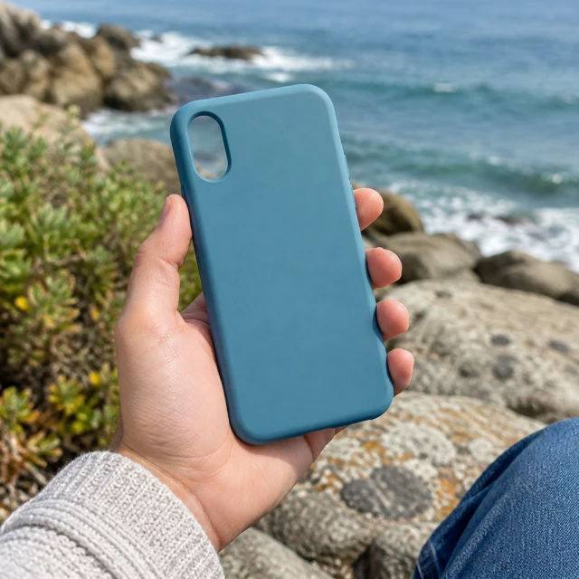Plain sea-blue protective phone case with one oval camera opening, held loosely in one hand; no phone visible.
