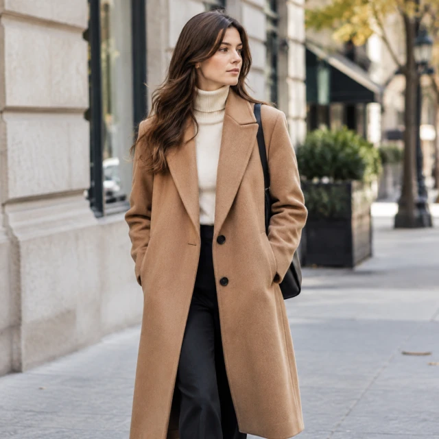Camel wool coat worn on a city sidewalk.