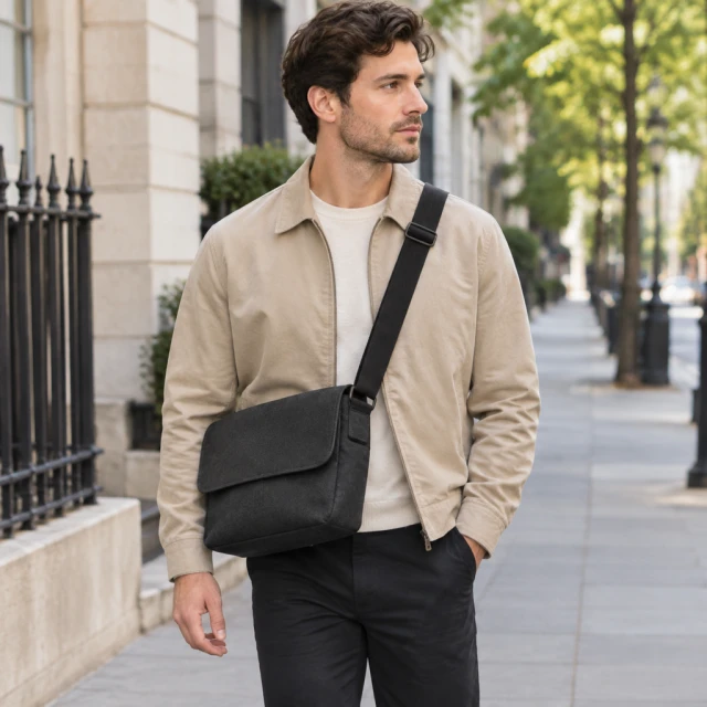 Messenger bag worn across a simple outfit