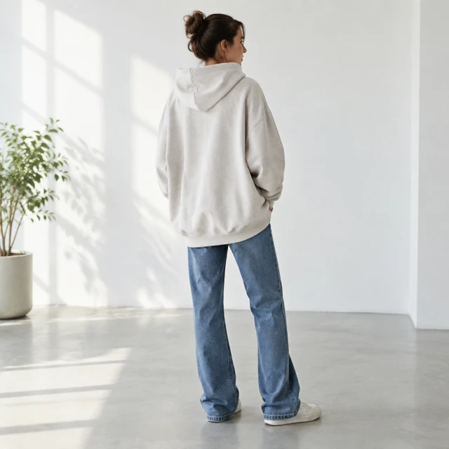 Oversized hoodie worn by an adult in a bright studio, garment fully visible.