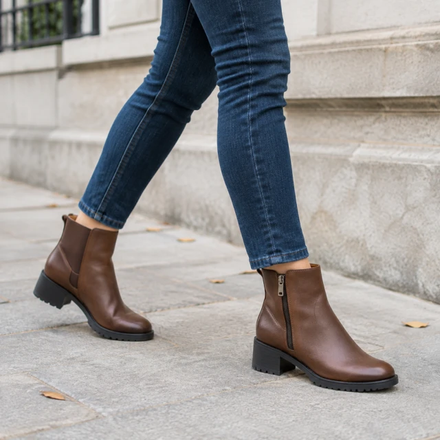 Leather ankle boots worn mid-step on a quiet sidewalk, full boots visible.