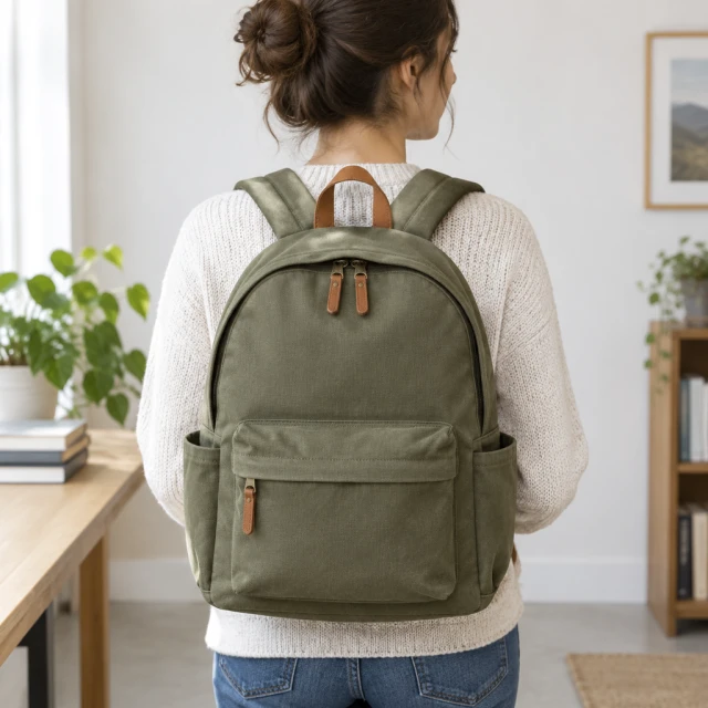 Front view of a canvas backpack worn by an adult in a bright studio.