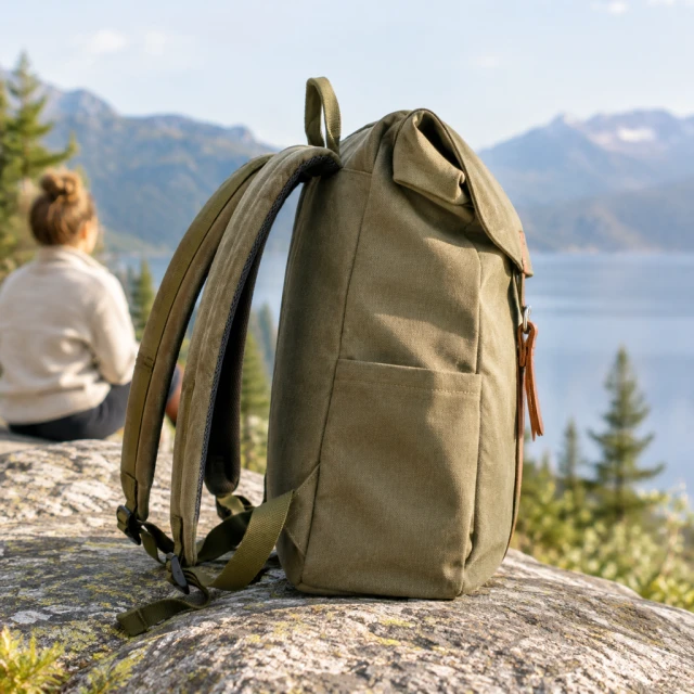 Side view of a canvas backpack showing both shoulder straps.