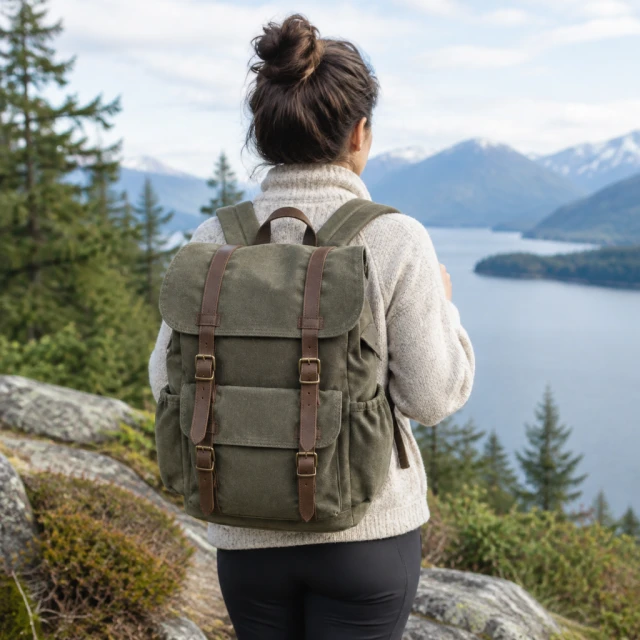 Back view showing the full shape of a canvas backpack.