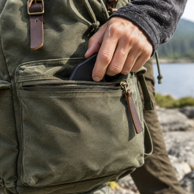 Close view of the front pocket on a canvas backpack.
